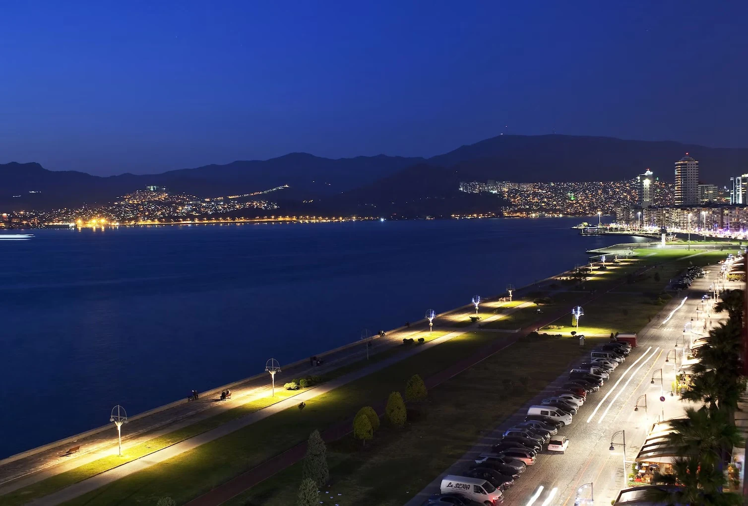Kordon'daki palmiyeler eşliğinde İzmir Körfezi manzarası